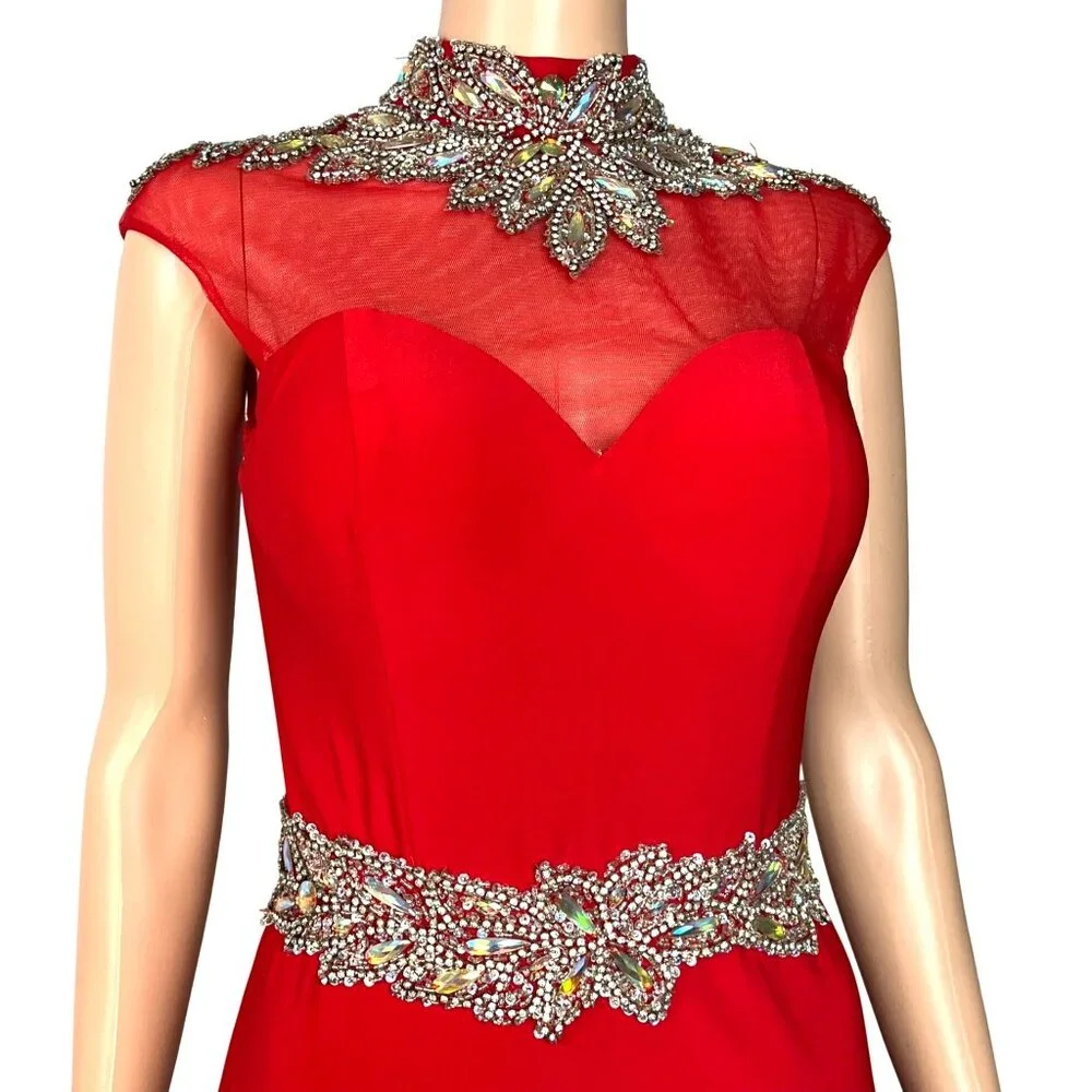 Splash Red Crystal Embellished Open Back Short Dress Sheer Top Cap Sleeves Sz 8 - Picture 3 of 6